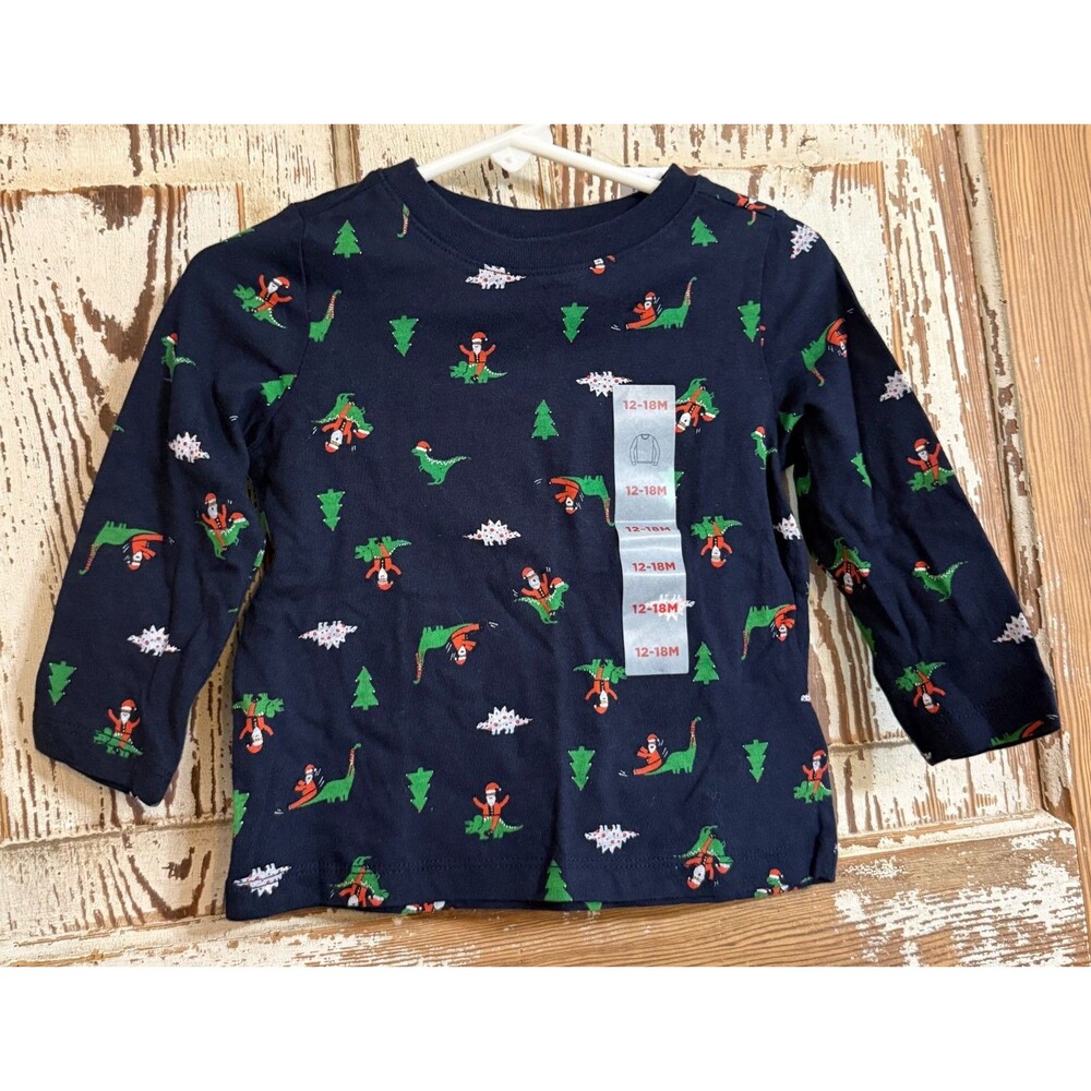 Unisex Old Navy Long-Sleeve T-Shirt - Navy Santa & Dinosaurs - 12-18M